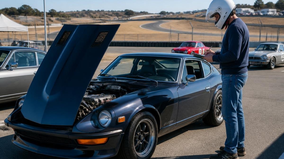 A classic sports car parked in a track paddock with the hood open, a driver in a helmet reviewing paperwork on a clipboard beside the car, other vintage cars and a race track visible in the background