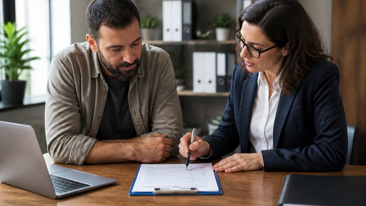Business owner and agent reviewing a liability insurance risk management safety checklist at a desk