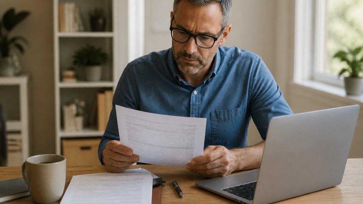 An independent consultant at a home office desk reviewing an insurance certificate document beside a laptop and coffee cup, with a signed client contract nearby