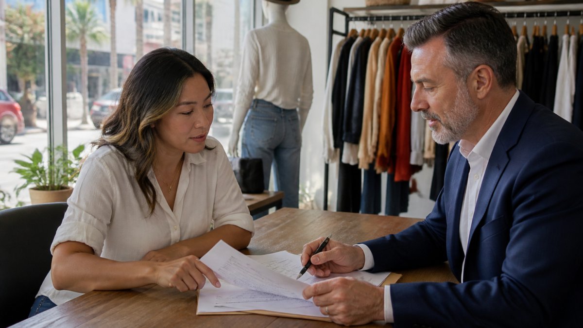A small business owner in a Las Vegas storefront reviewing insurance paperwork with a local agent at a table, natural daylight through the window