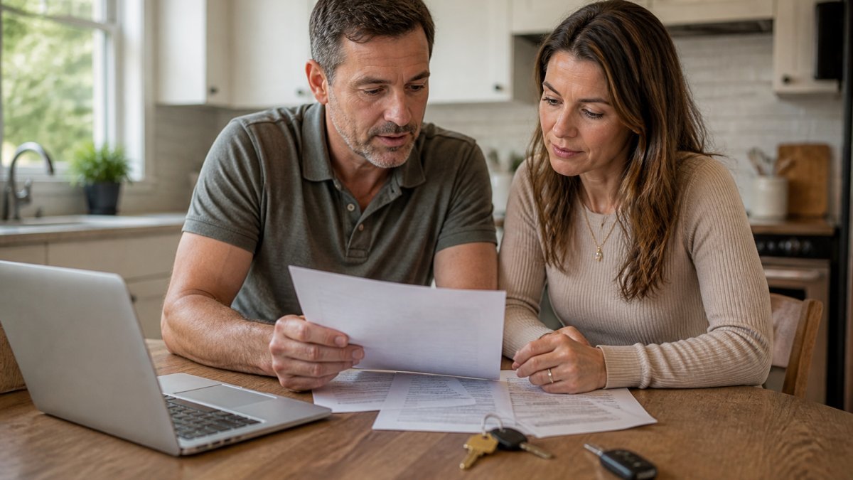 A couple reviewing insurance policy documents at a kitchen table with a laptop open, house keys and car keys visible nearby, warm natural light