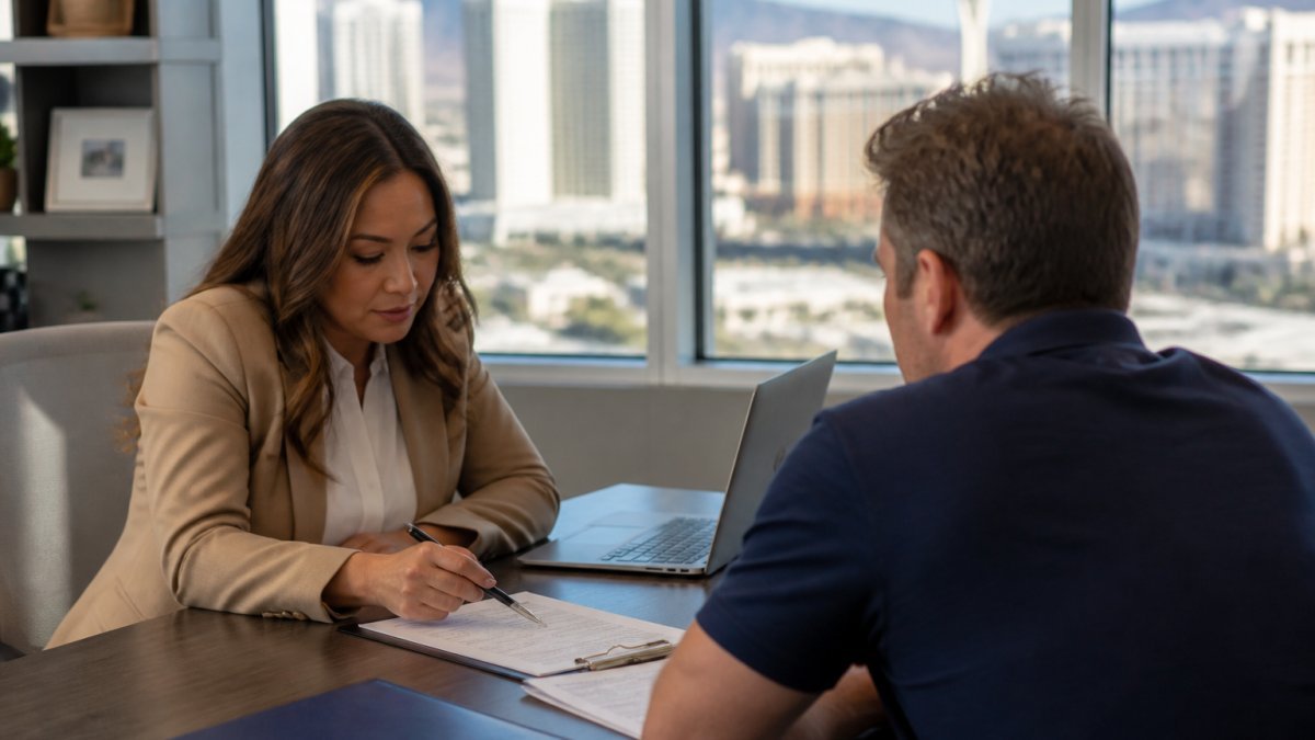 A small business owner in Las Vegas reviewing documents with an insurance agent across a desk in a bright office, laptop open showing policy paperwork