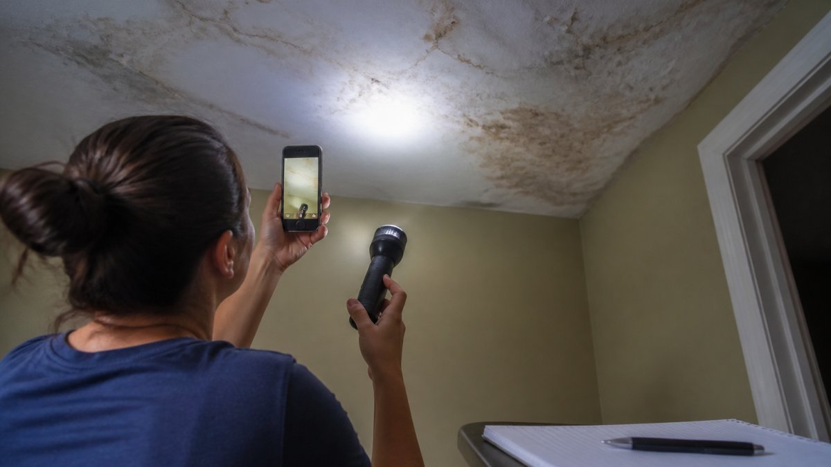 A homeowner photographing water damage on a ceiling with a smartphone, using a flashlight to light the area, with a notepad visible nearby