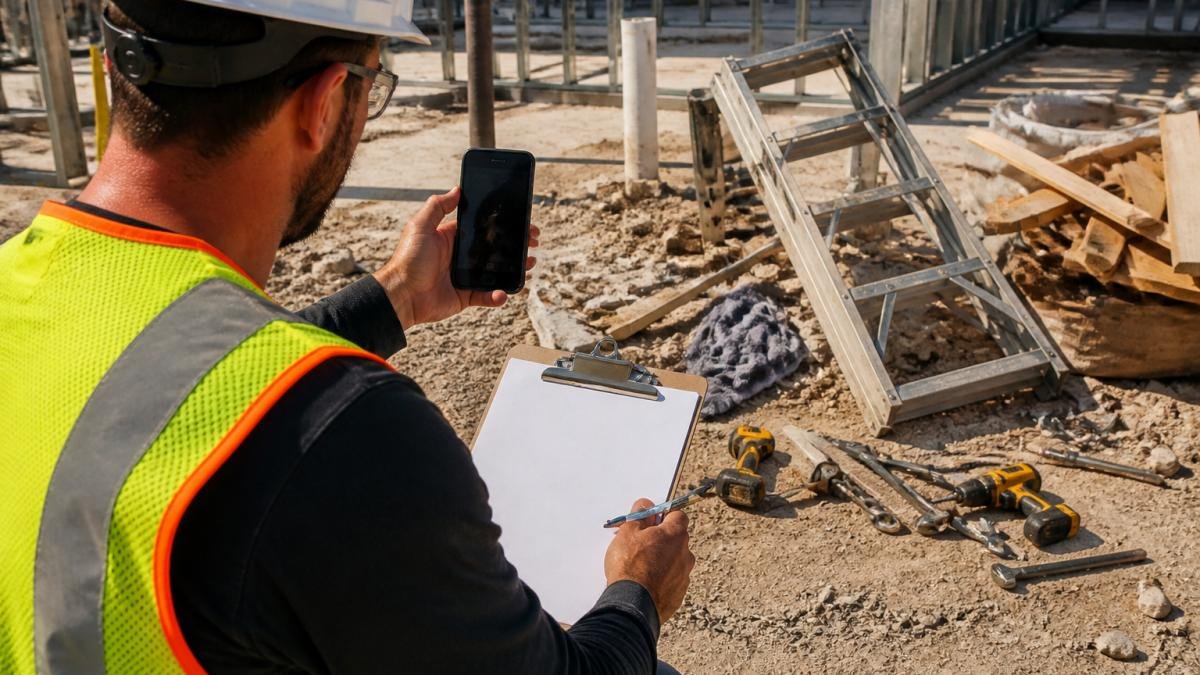 Contractor in safety gear documenting a damaged ladder for a contractor injury claim at a Las Vegas site.
