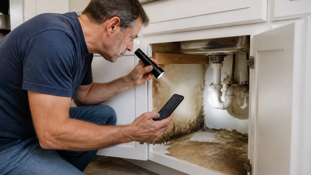 A homeowner in casual clothes kneeling beside a kitchen sink cabinet, using a flashlight to inspect water damage under the pipes, with a smartphone in hand ready to take photos