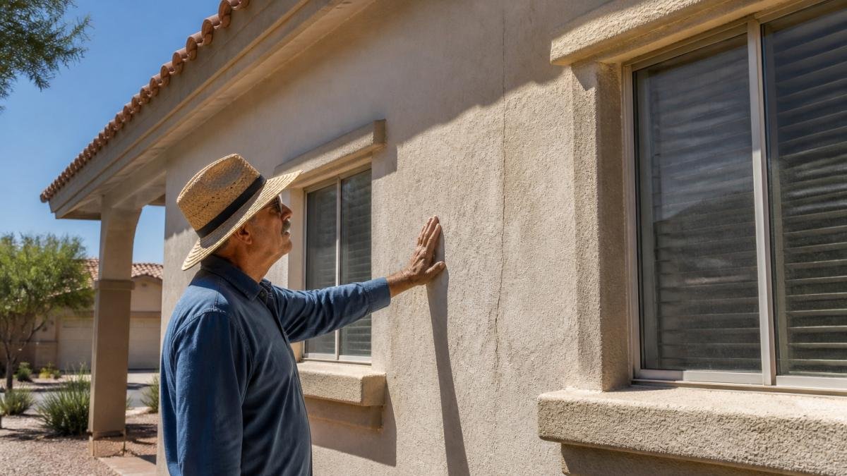 Homeowner in a sun hat inspecting stucco siding for heat damage exterior on a bright Las Vegas afternoon