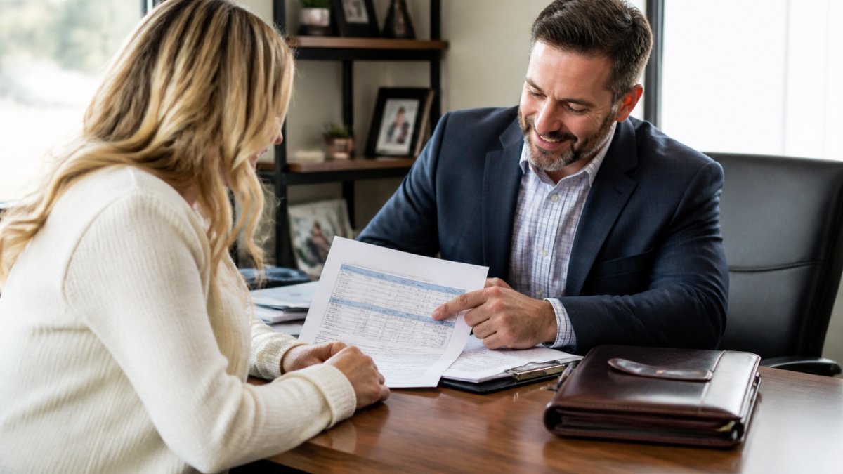 Professional insurance agent and client sitting at desk reviewing policy documents together in bright office setting, agent pointing at comparison sheet with friendly demeanor