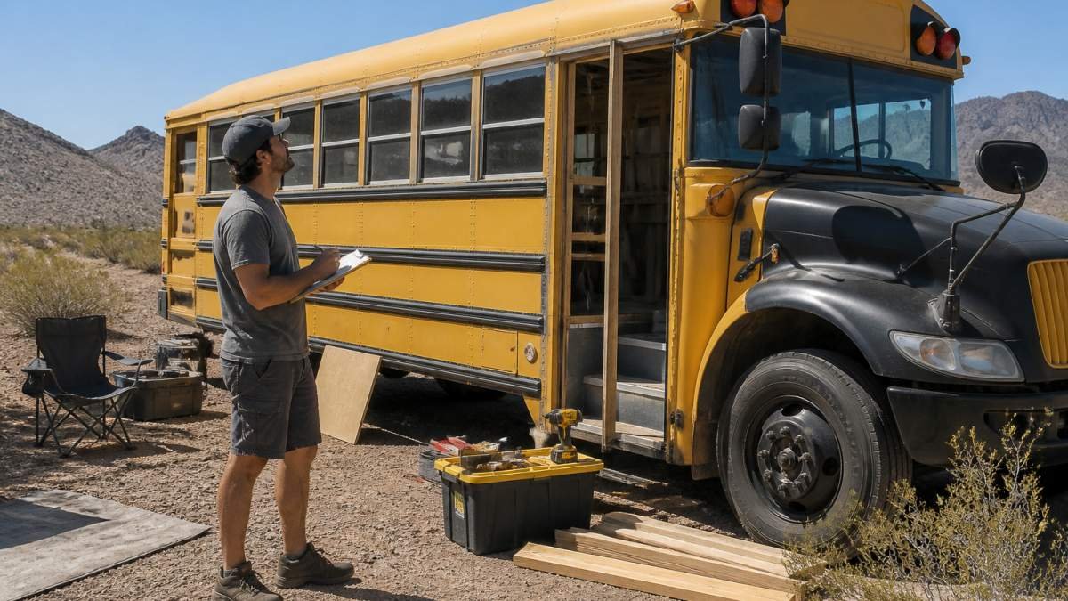 A person standing beside a partially converted school bus parked at a desert campsite, holding a clipboard and inspecting the exterior, with tools and building materials visible near the open door