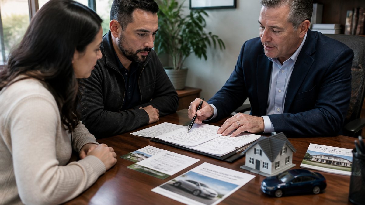Professional insurance agent meeting with family at desk, reviewing policy documents and discussing coverage options together in modern office with natural lighting