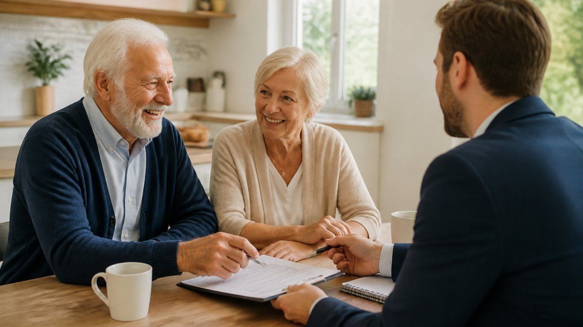 Flowchart showing how a senior couple qualifies for guaranteed issue life insurance during a consultation.