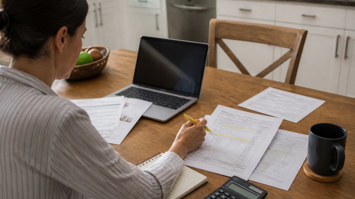 A person at a kitchen table with a laptop and printed insurance quote pages, highlighting figures with a pen and a calculator nearby