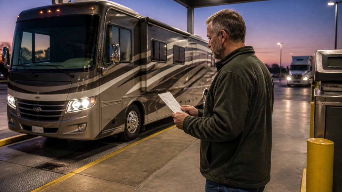 A motorhome parked on a certified vehicle scale at a truck stop at dusk, driver standing beside the rig holding a printed scale ticket and reading the weights under overhead lights