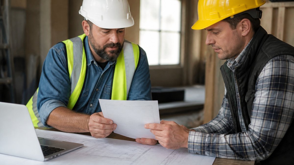 A general contractor and a subcontractor reviewing a paper certificate of insurance across a table at a construction site office, with blueprints and a laptop nearby