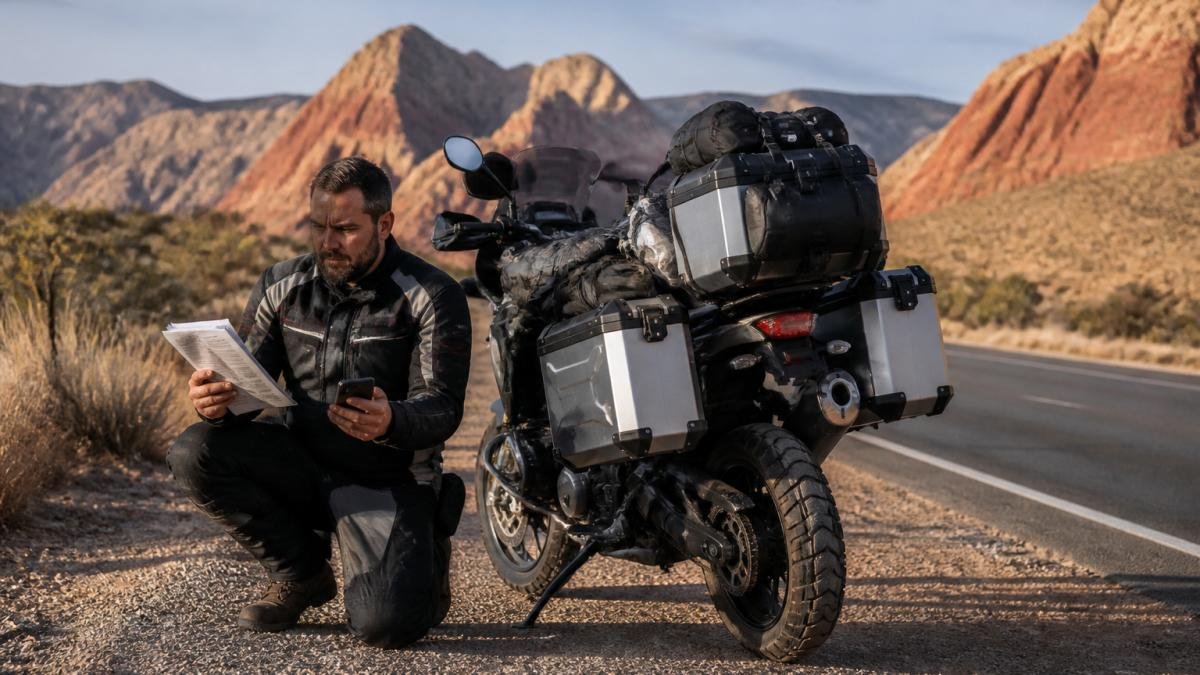 A motorcyclist in protective gear crouching beside a loaded touring bike at a desert pullout, reviewing paperwork on a phone, red rock formations and open highway in the background under late afternoon light